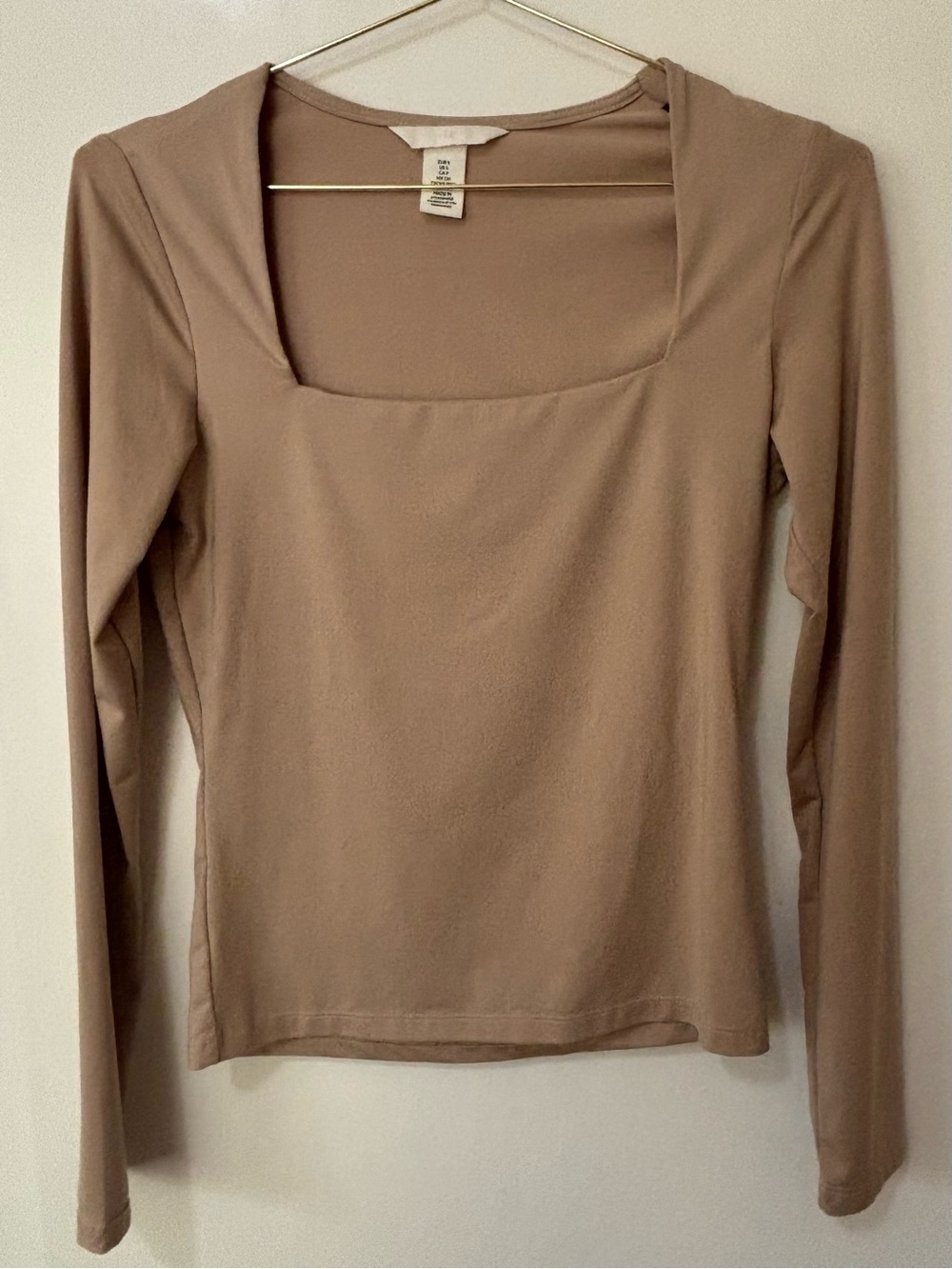 H&M| Tan Long Sleeve Contour Square Neck Stretch Knit Top Sz S